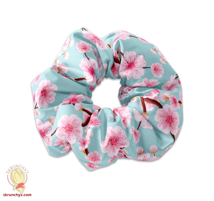 Japanese Pink Sakura Scrunchie Hair Tie, Cherry Blossom Hair Bow Ribbon, Flowers Scrunchy Hair Accessory, Floral Theme Scrunchys