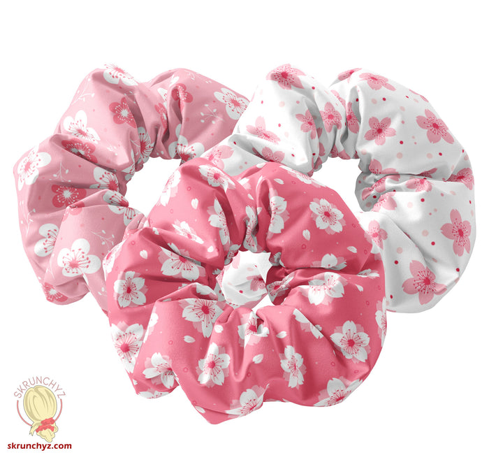 Japanese Cherry Blossom Scrunchies Hair Tie, Sakura Hair Ties, Flowers Scrunchy Hair Accessory, Floral Theme Scrunchys