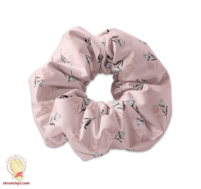 Pink Floral Blossom Scrunchie Hair Tie, Flower Blossom Hair Bow Ribbon, Flowers Scrunchy Hair Accessory, Floral Theme Scrunchys