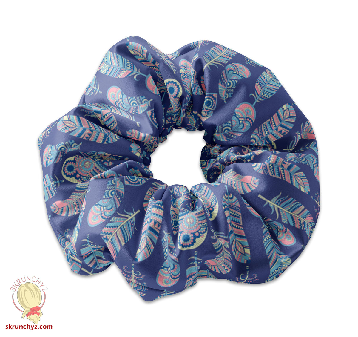 Boho Tribal Feathers Pattern Scrunchie Hair Tie, Hair Scrunchy, Striped Feathers, Boho Hair Accessory