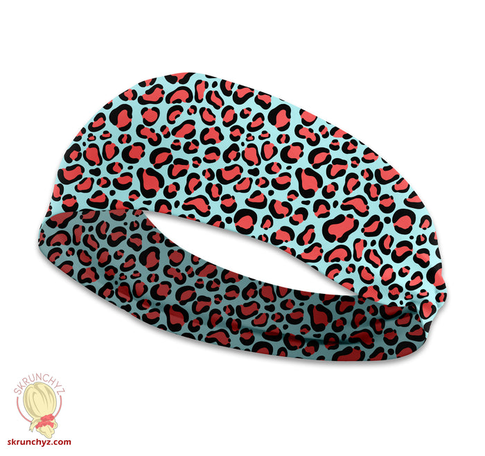 Light Blue and Coral Leopard Print Stretchy Headband - Cute Trendy Headband, Great for Casual and Active wear