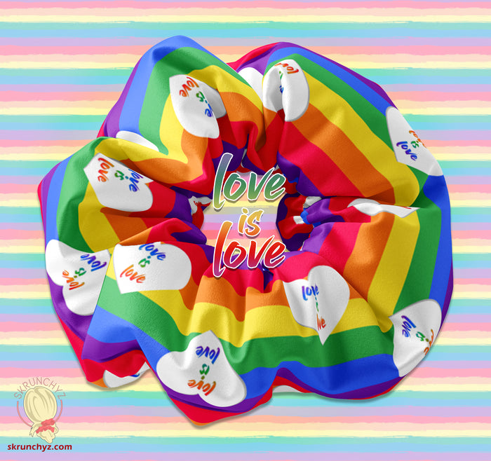 Love is Love Pride Hearts & Rainbow Stripes Scrunchie Hair Tie, Pride Scrunchys, Rainbow Scrunchy Hair Accessory