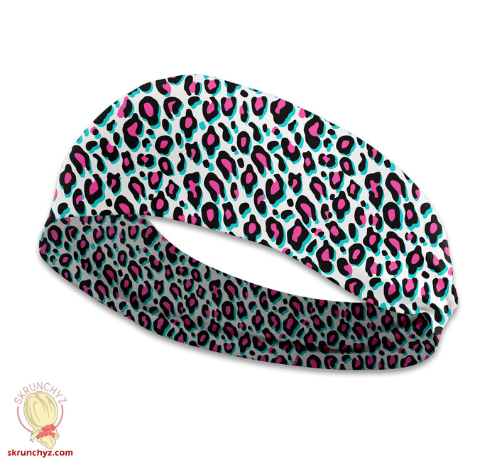 Retro 80s Bright Pink and Blue Leopard Print Stretchy Headband - Cute Trendy Headband, Great for Casual and Active wear