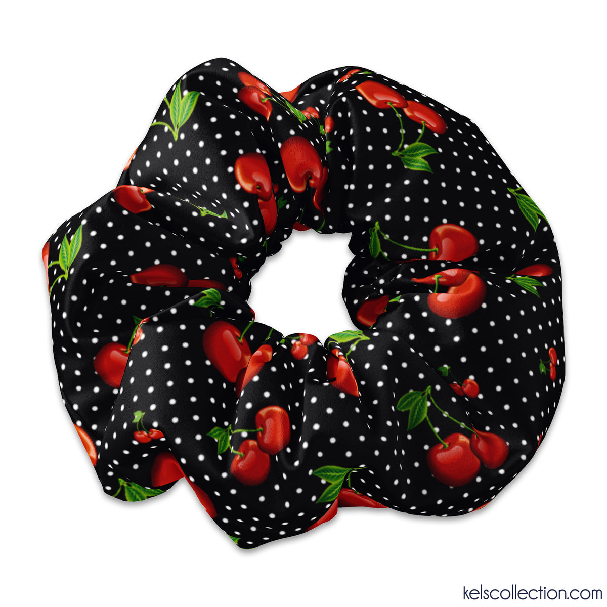 Vintage Style Retro Black Polka Dot Rockabilly Cherries Scrunchie Hair Tie, Cherry Hair Accessory, Red Rose Black & White Polkadot Scrunchy