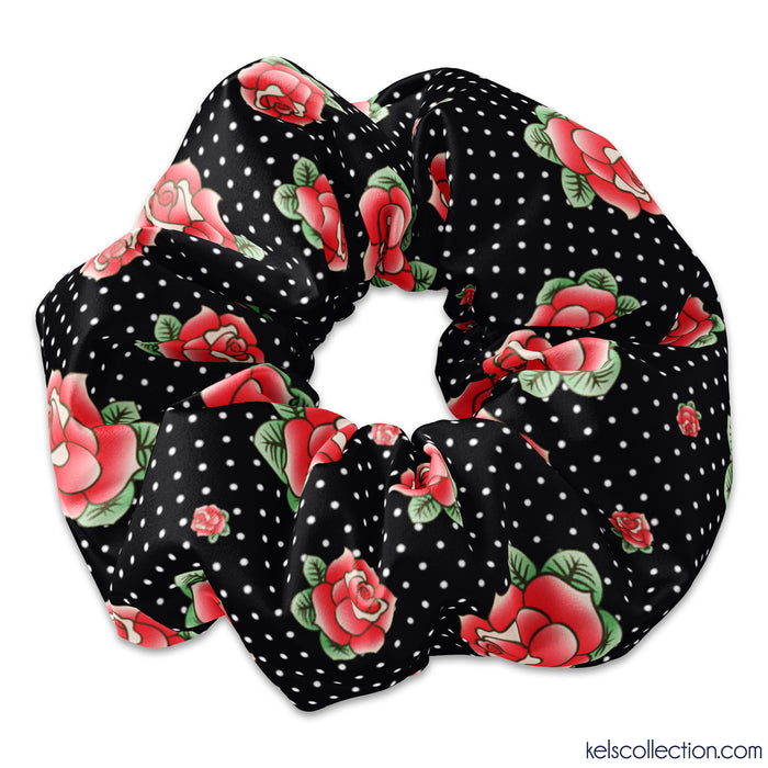 Vintage Style Retro Black Polka Dot Rockabilly Rose Scrunchie Hair Tie, Rose Flower Hair Accessory, Red Rose Black & White Polkadot Scrunchy
