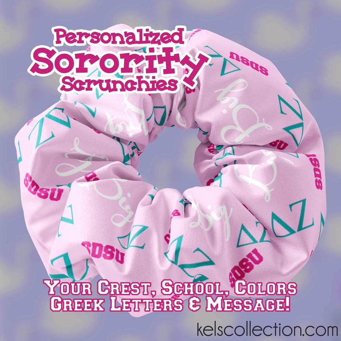Personalized Sorority Scrunchies with your Greek Letters, Crest, Colors, Personal Message and School Logo - Sorority Sister Gift, Big Sis