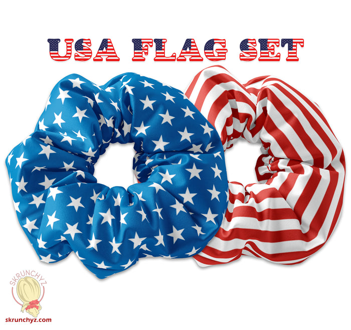 USA Red White and Blue 2 Piece Flag Scrunchie Set - 4th of July Scrunchys