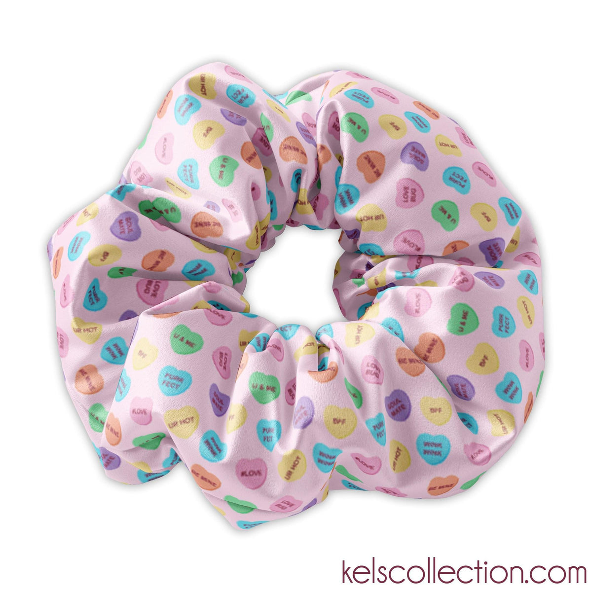 Valentines Day Candy Hearts Scrunchie Hair Tie, Valentine Scrunchy with Conversation Hearts